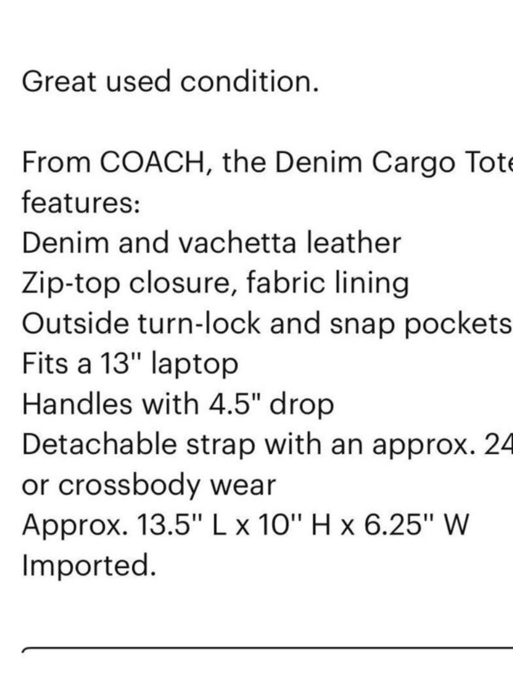 Coach Denim Blue Canvas Tote with Navy Strap and Tan Leather Accents - Picture 6 of 6